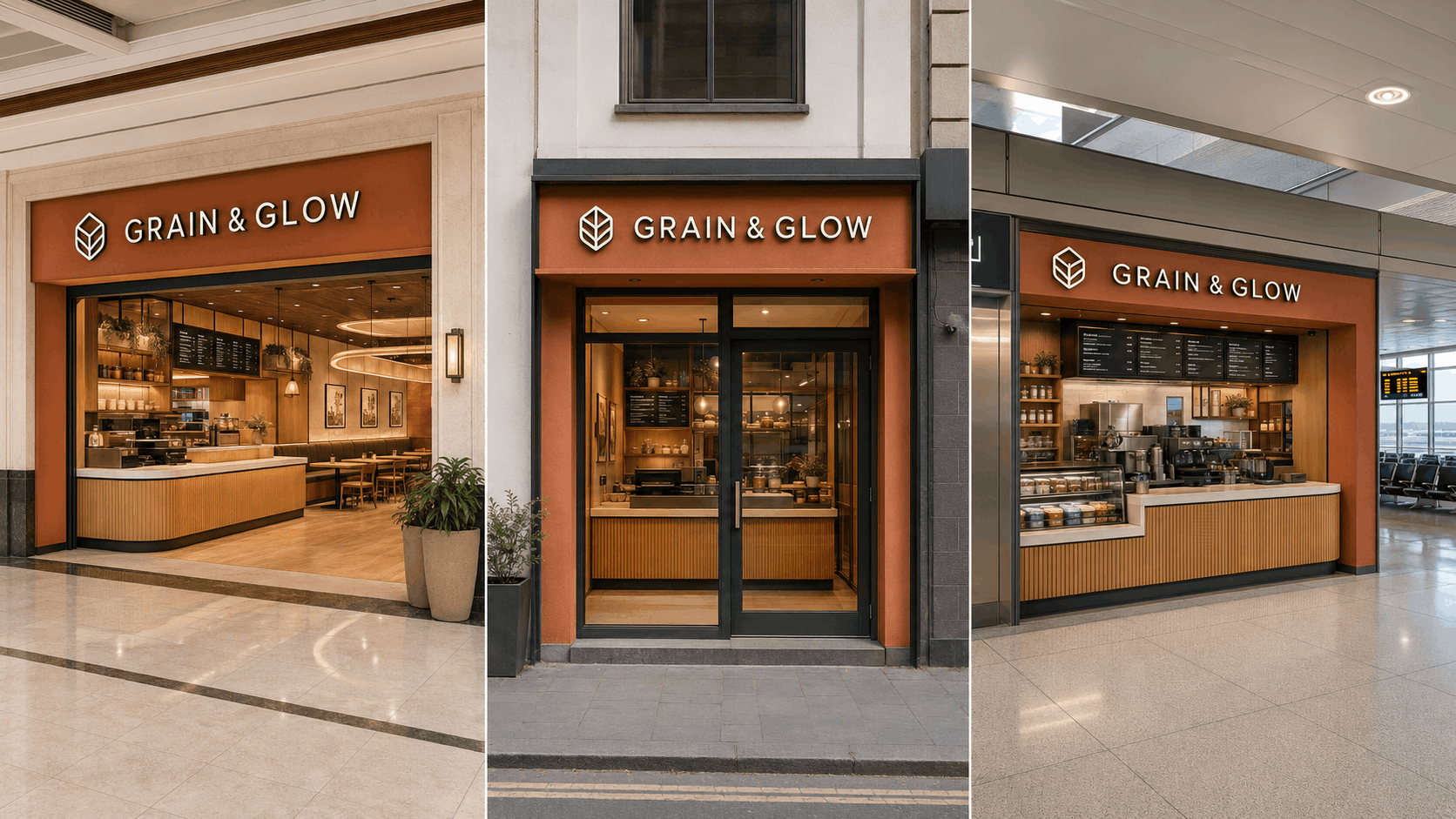 The same Grain & Glow café brand rolled out across a mall corridor, a high-street storefront, and an airport terminal kiosk